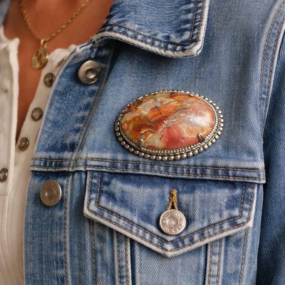 Large Crazy Lace Agate Oval Statement Brooch Silv… - image 2